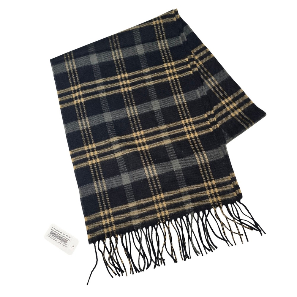 100% Cashmere Scarf Hand Tailored Germany Black Tan Plaid Fringe Winter Scarf